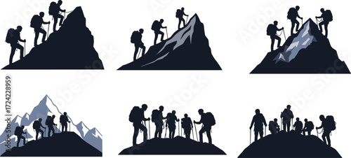 Group hiking mountain silhouette illustration, adventure climbing vector, outdoor trekking design, team expedition climbing success art