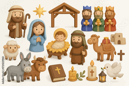 Adorable Cartoon Nativity Scene Characters and Elements Set for Christmas