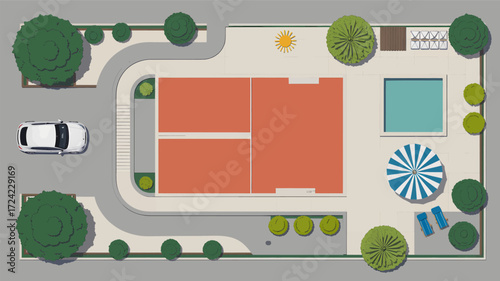 Top view aerial perspective of a modern house with a swimming pool and car in the driveway rendered in a clean silhouette style