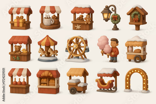 Charming 3D rendered winter market stalls and festive fairground elements collection, perfect for holiday-themed designs and seasonal illustrations