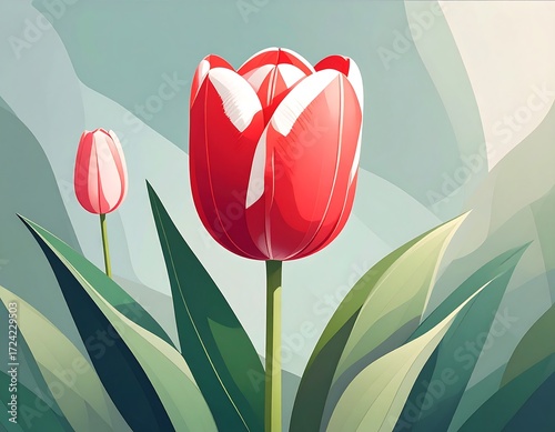 A vibrant red and white tulip