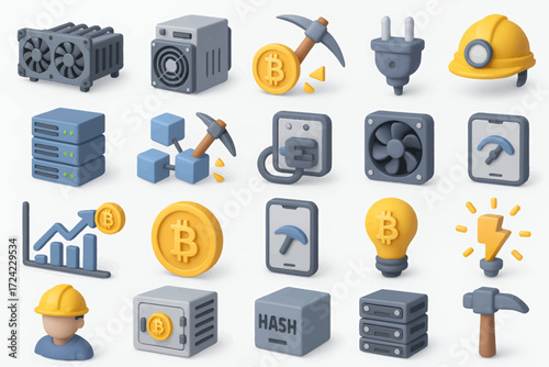 Collection of three-dimensional rendered icons representing Bitcoin mining, digital currency hardware, and blockchain concepts
