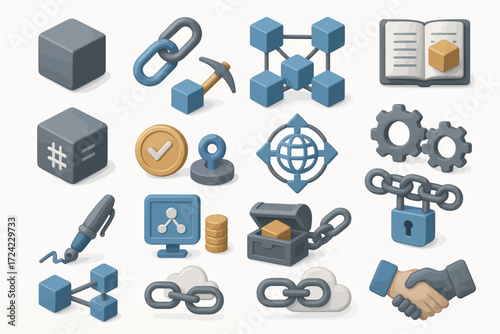 Diverse 3D isometric icon set depicting fundamental blockchain principles, digital currency operations, secure data management, and interconnected business technology, ideal for modern design projects
