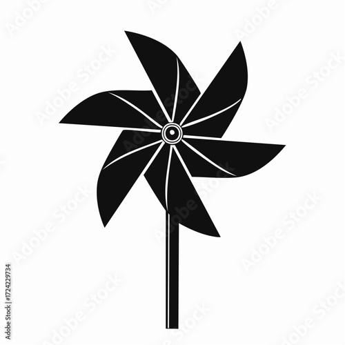 Stylized black silhouette of a pinwheel on a white background