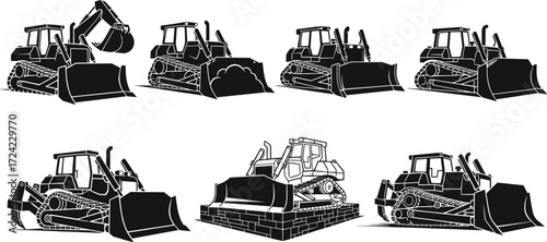 Bulldozer silhouettes set with heavy construction equipment, earthmoving machinery, crawler tractors, road building, excavation and industrial transport vector illustration