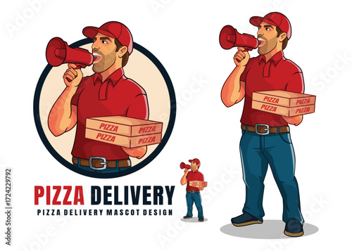 Pizza Delivery Mascot Icon – Cartoon Fast Food Courier and Restaurant Service Character Illustration