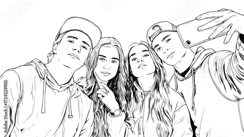 Diverse Students Taking Group Selfie Photo Together - Vector Illustration