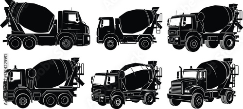 Concrete mixer truck silhouettes set with cement lorries, heavy construction vehicles, industrial transportation, building equipment, vector illustrations for projects