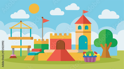 A section of the playground dedicated to imaginative play with a mini playhouse sandboxes and dressup clothes for the kids to engage in creative roleplaying.