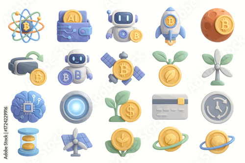 Cryptocurrency and Fintech 3D Cartoon Icons Set