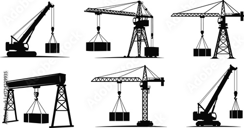 Construction crane silhouette set with tower cranes, mobile cranes, gantry cranes, and lifting equipment for building, industrial, and logistic design