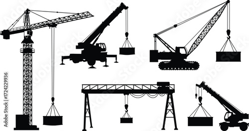 Construction crane silhouette set with tower, mobile, crawler, gantry, and telescopic cranes lifting loads for building and industry