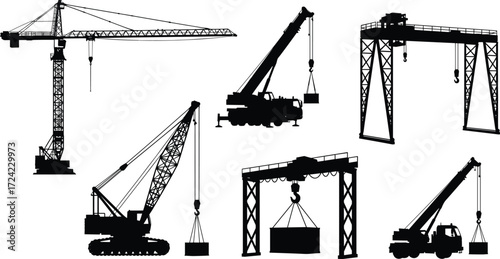 Construction crane silhouettes collection with tower crane, mobile crane, crawler crane, gantry crane, heavy lifting equipment, industrial machinery vector set