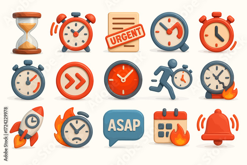 A vibrant 3D icon collection representing concepts of business urgency, project deadlines, and efficient time management