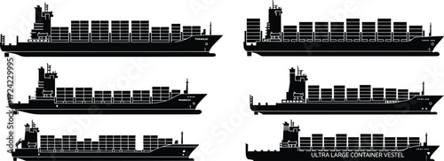 Container ship and cargo vessel vector silhouettes, large freight ships for international trade, shipping logistics, maritime transport, sea freight