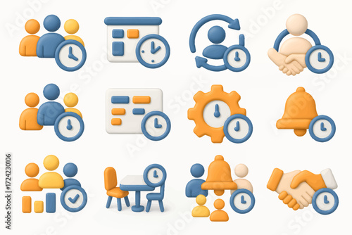 Optimizing Workplace Efficiency A Comprehensive 3D Icon Collection for Time Management, Team Collaboration, and Business Scheduling Concepts
