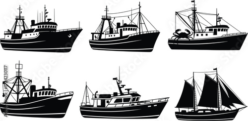 Fishing boats silhouettes set with trawlers, crab vessels, commercial fishing ships, and a traditional sailing boat for seafood industry design