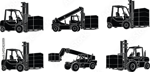 Forklift and telehandler silhouettes set with cargo pallets, warehouse equipment, heavy lifting machines, logistics and industrial transport vector illustration