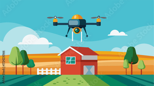 A drone equipped with AI technology flies over the farm capturing highresolution images to identify areas of pest infestations.. Vector illustration
