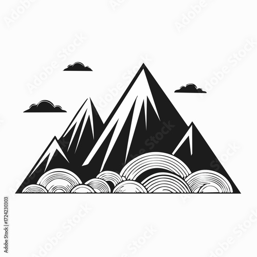 Photos Abstract dark mountain peaks emerging from wispy clouds in a stylized design