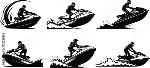 Jet ski riders, water sports, extreme adventure, sea racing, personal watercraft, silhouette illustration, marine activity, ocean speed, outdoor fun, summer recreation