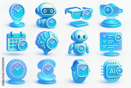 Time Management System 3D AI Robot and Clock Icons Set
