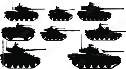 Military tank silhouette set with armored combat vehicles, war tanks, and heavy artillery machines in different angles and positions