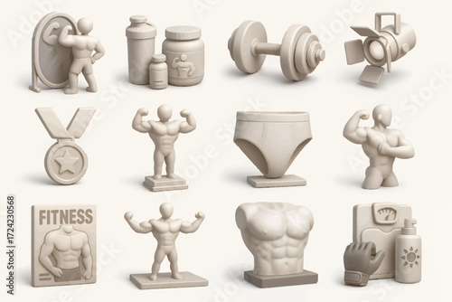 3D Fitness  Bodybuilding Icons  Stone-Effect Gym  Workout Symbols