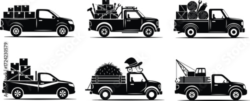 Pickup truck silhouette set with cargo, boxes, tools, hay, crane, and farm load for transport, logistics, and construction design