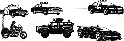 Police vehicles silhouettes set, including classic patrol cars, modern cop cars, motorcycle officer, armored SWAT truck, and pursuit sports car
