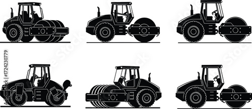 Road roller and compactor construction vehicle vector silhouettes, heavy machinery for road building, soil compaction, asphalt paving, construction equipment