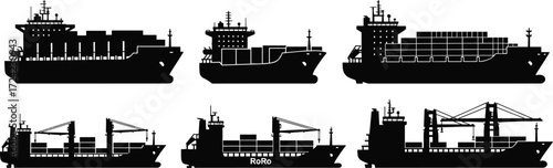Silhouette cargo ships, container vessels, RoRo ship, shipping industry, maritime transport, freight vessels, harbor trade, black vector illustration, export, import