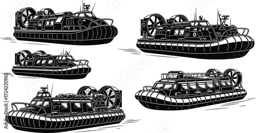 Silhouette hovercrafts illustration, military hovercraft, passenger hovercraft, transport hovercraft, air cushion vehicles, black and white design