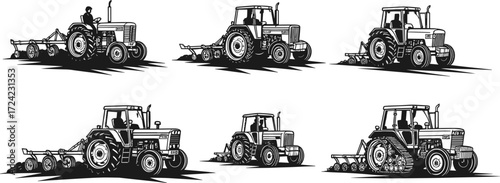 Tractor silhouette, farm vehicle vector, agricultural machinery clipart, plowing tractor illustration, farming equipment graphic, rural transport art, agriculture symbol, land cultivation design