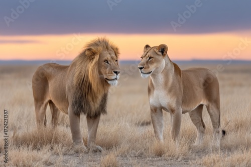 Wallpaper Mural Majestic lion and lioness standing in serengeti at sunset Torontodigital.ca