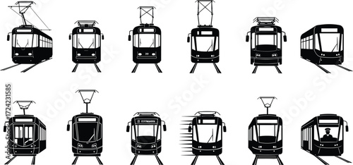 Tram and streetcar silhouette set with modern and vintage urban rail vehicles in front view for city transport design