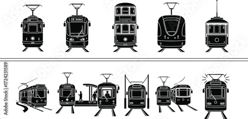 Tram and streetcar silhouette vector set, vintage and modern tram icons, front and side views, public transport design illustration