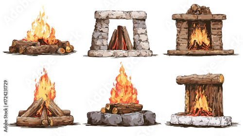 Diverse Burning Campfires in Fireplace for Cozy Evenings