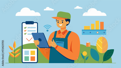 A farmer using a mobile app to scan barcodes on harvested crops automatically updating the crop inventory and tracking sales and distribution.. Vector illustration