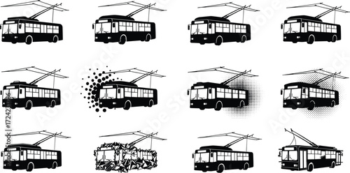 Trolleybus silhouette set, electric bus vector, retro trolleybus illustration, public transport design, eco-friendly urban vehicle, black and white