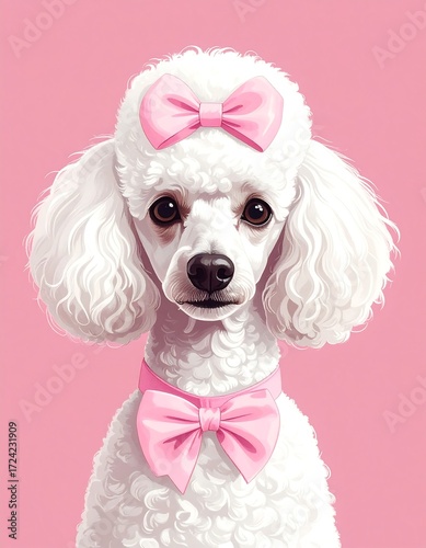 Fluffy white poodle with pink bows