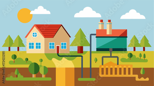 A geothermal heating and cooling system installed in a farm residence reducing reliance on fossil fuels.. Vector illustration