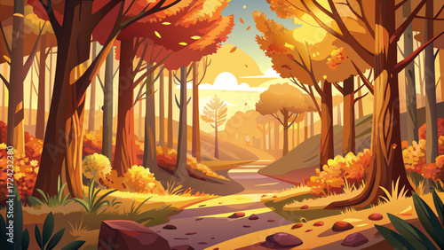 A magical autumn in the forest scene with golden leaves, warm sunlight, tall trees, and gentle wind. This seasonal illustration highlights nature’s charm, peaceful pathways, and cozy woodland beauty 
