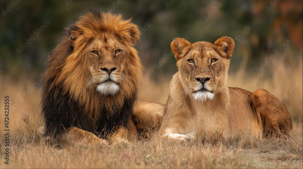 Fototapeta premium Majestic lion and lioness resting together in golden grassland, displaying their regal manes and serene expressions under soft natural light.