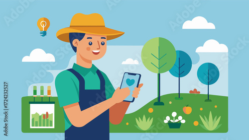 A farmer is using a smartphone app to access a digital soil map of their entire farm allowing them to make datadriven decisions on crop rotation soil amendments and pest. Vector illustration