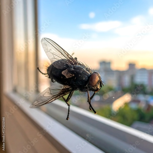 Fly on window with city view