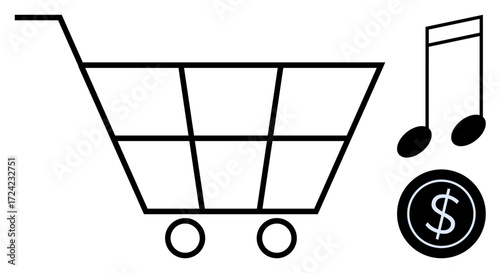 Shopping cart with musical notes and dollar coin, symbolizing digital music commerce. Ideal for e-commerce, music sales, online shopping, creative economy, digital media trade, financial