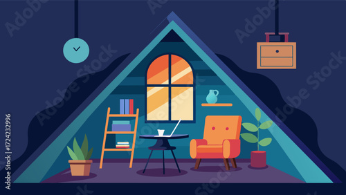 A cozy nook tucked away in the lofts corner serves as the ideal spot for quiet and uninterrupted work sessions.. Vector illustration