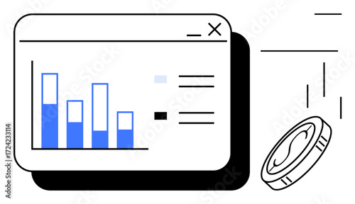 Bar graph interface tracking financial data, metrics, and analytics with falling coin. Ideal for finance, investment, economy, data visualization, growth, money management simple flat metaphor