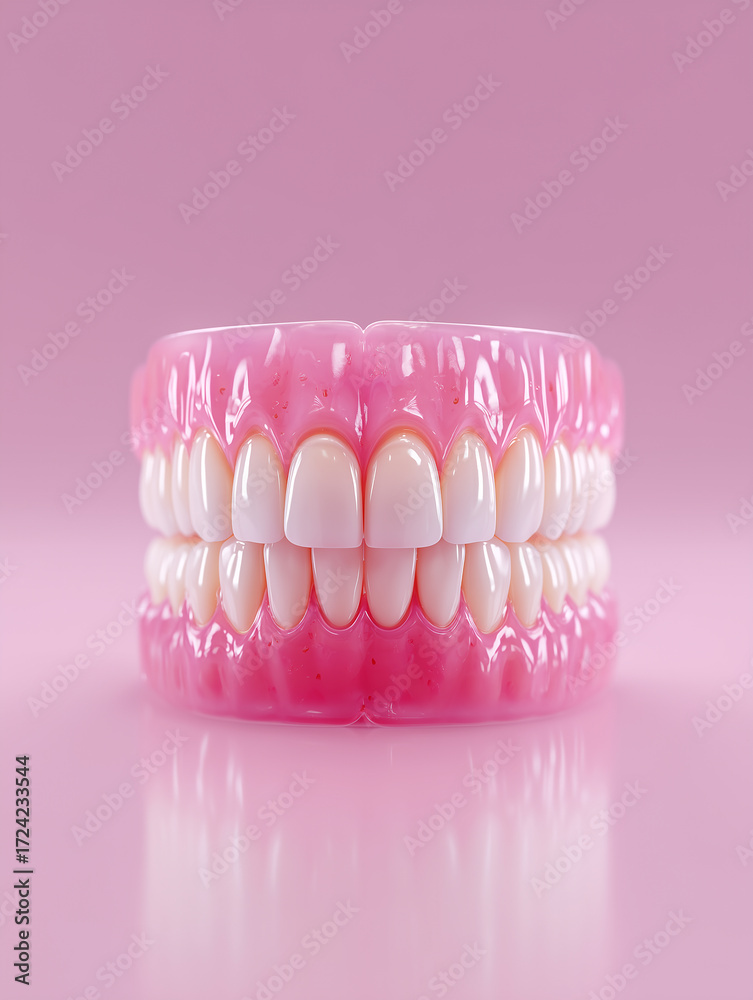 Obraz premium Precyzyjne zdjęcie protezy zębowej, idealnie odwzorowującej ludzkie zęby. Model umieszczony na różowym, gładkim tle. Idealne do branży dentystycznej.